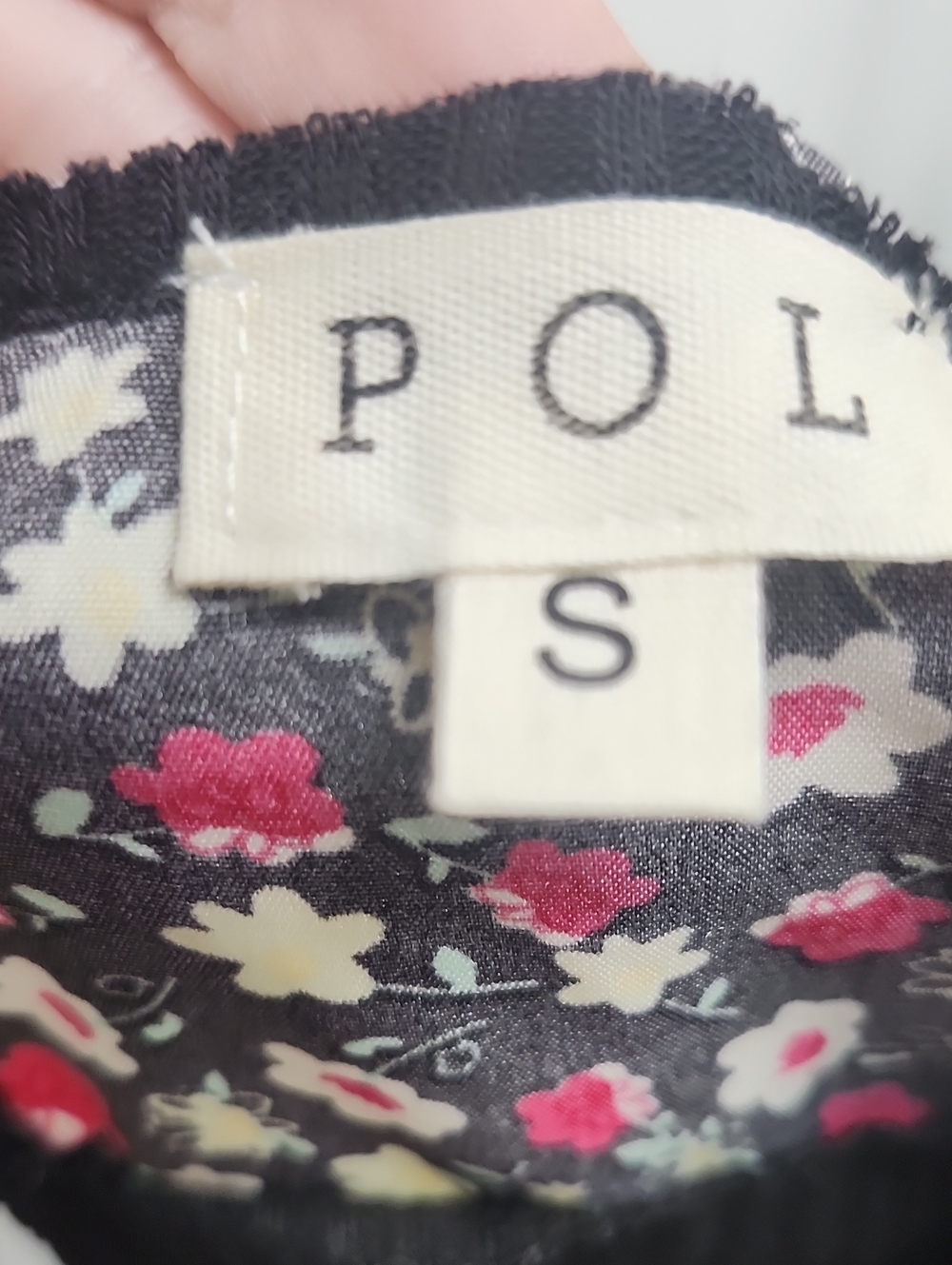 POL black floral top with pink and cream blossoms